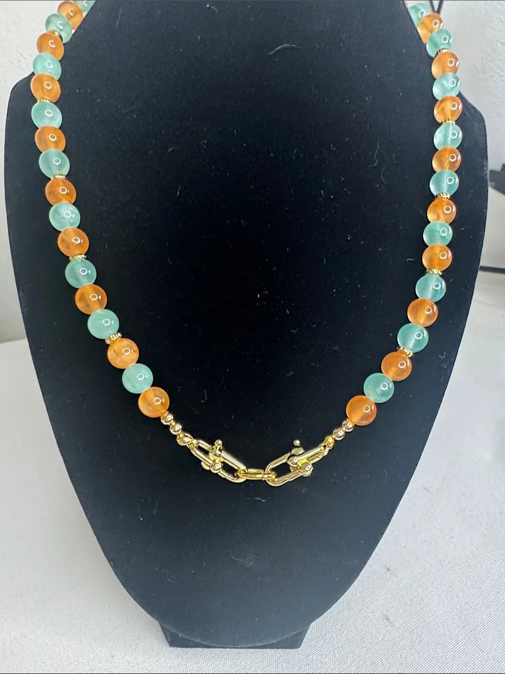 Two-Tone Mint Green and Orange Beaded Necklace 18” Gold filled.